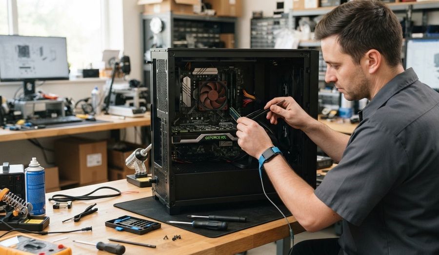 Total Service Solutions repairing a desktop PC on the workbench